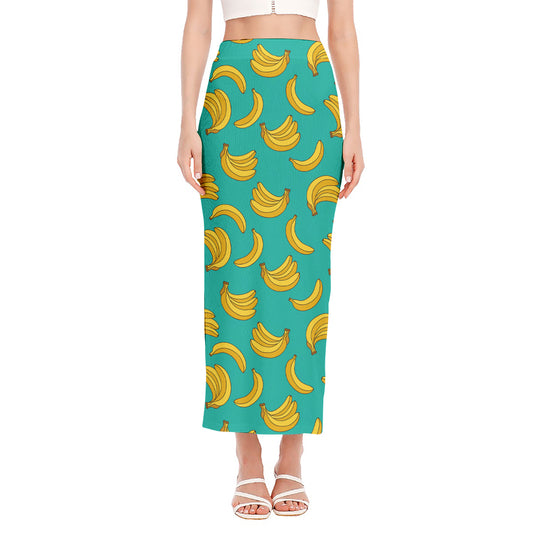 Teal Banana Pattern Print Side Slit Maxi Skirt
