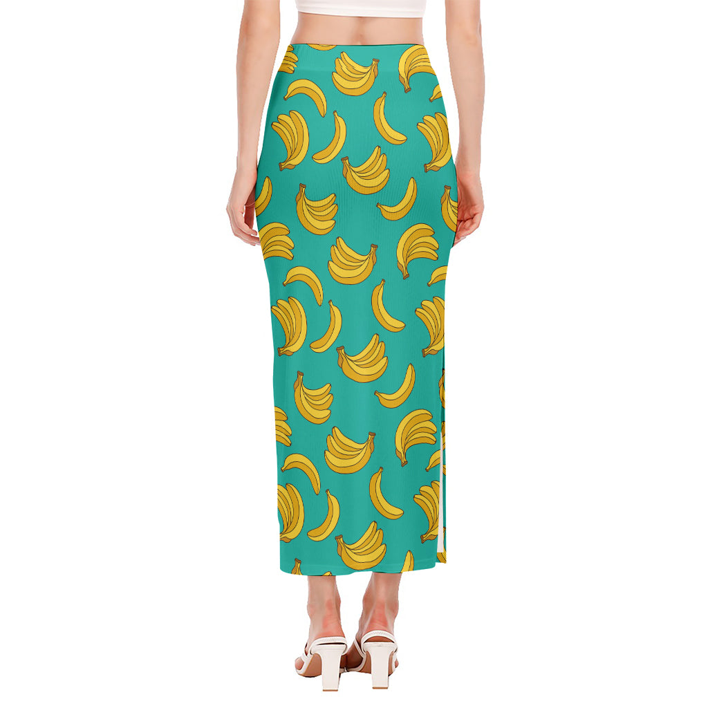 Teal Banana Pattern Print Side Slit Maxi Skirt