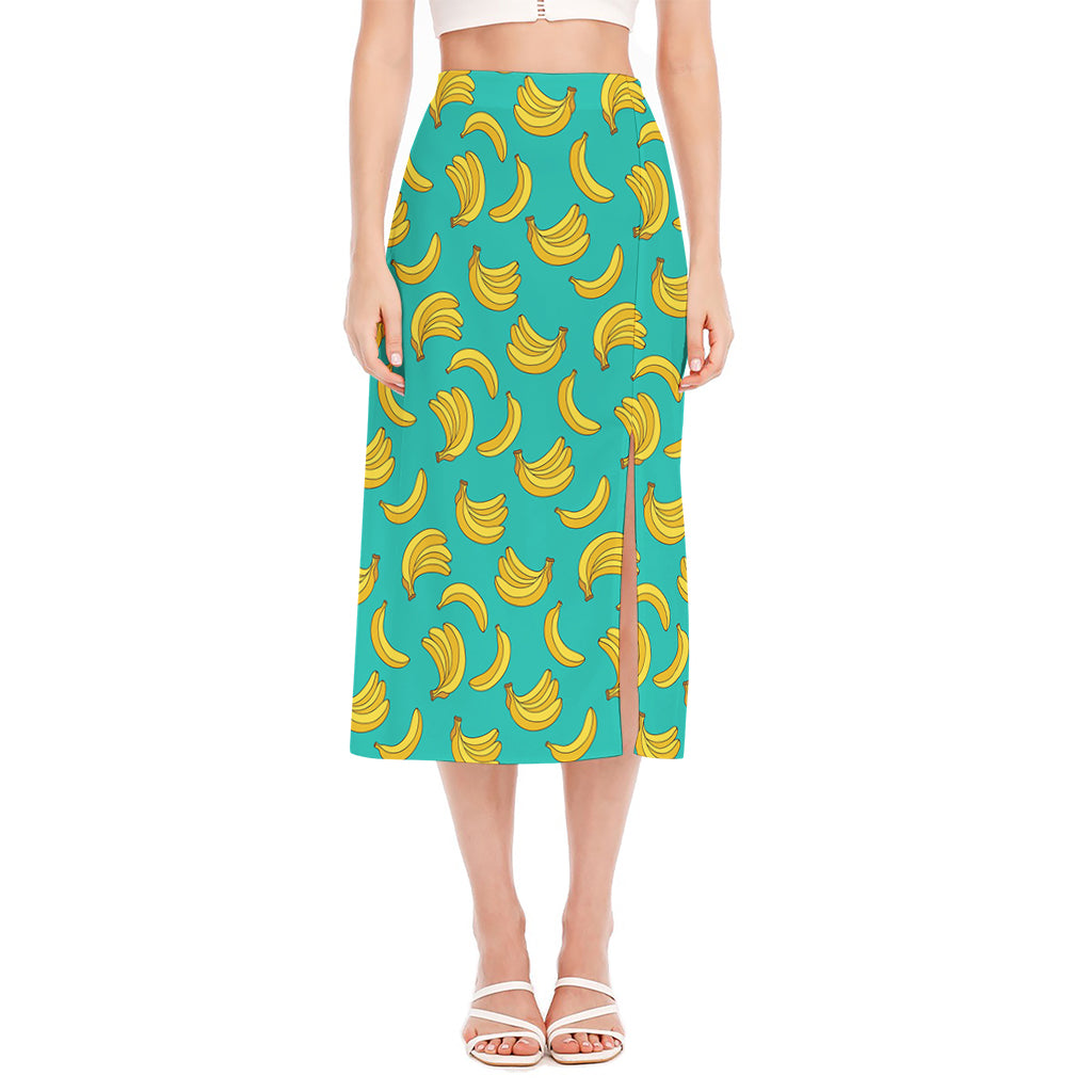 Teal Banana Pattern Print Side Slit Midi Skirt