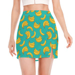 Teal Banana Pattern Print Side Slit Mini Skirt