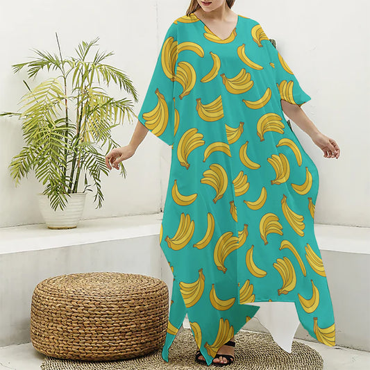Teal Banana Pattern Print Silk V-Neck Kaftan Dress