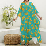 Teal Banana Pattern Print Silk V-Neck Kaftan Dress