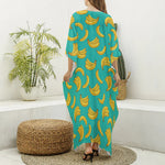Teal Banana Pattern Print Silk V-Neck Kaftan Dress