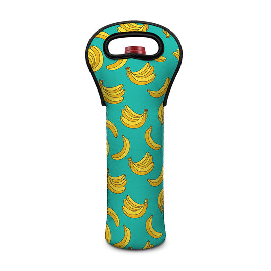 Teal Banana Pattern Print Single Neoprene Wine Tote
