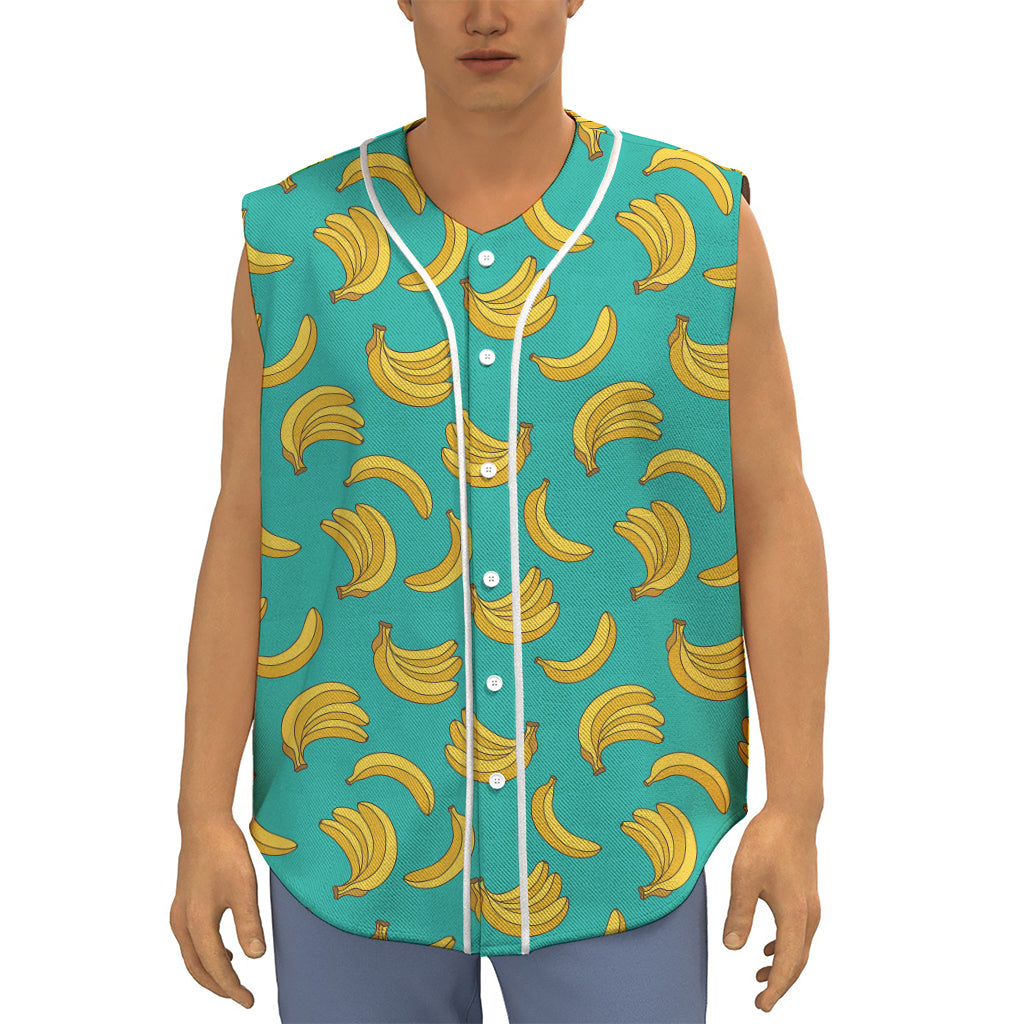 Teal Banana Pattern Print Sleeveless Baseball Jersey