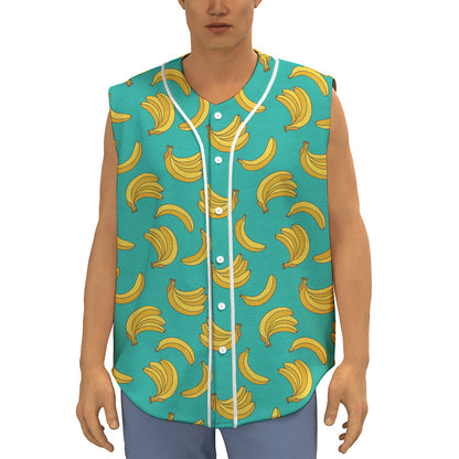Teal Banana Pattern Print Sleeveless Baseball Jersey