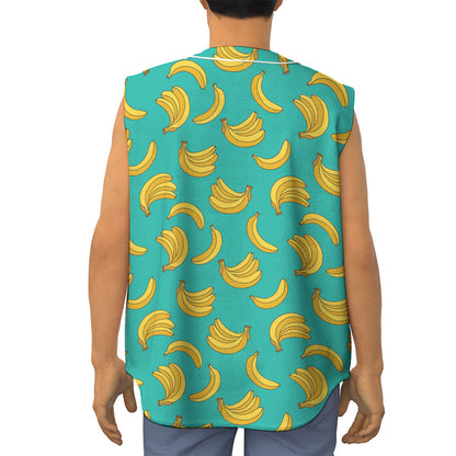 Teal Banana Pattern Print Sleeveless Baseball Jersey