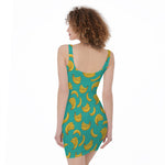 Teal Banana Pattern Print Sleeveless Bodycon Dress