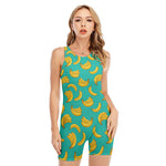 Teal Banana Pattern Print Sleeveless One Piece Swimsuit