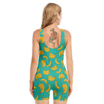 Teal Banana Pattern Print Sleeveless One Piece Swimsuit