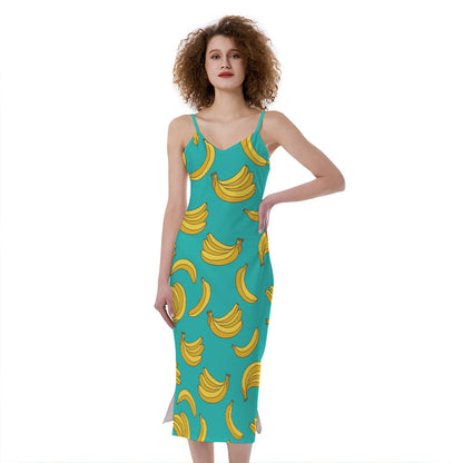 Teal Banana Pattern Print Slim Fit Midi Cami Dress