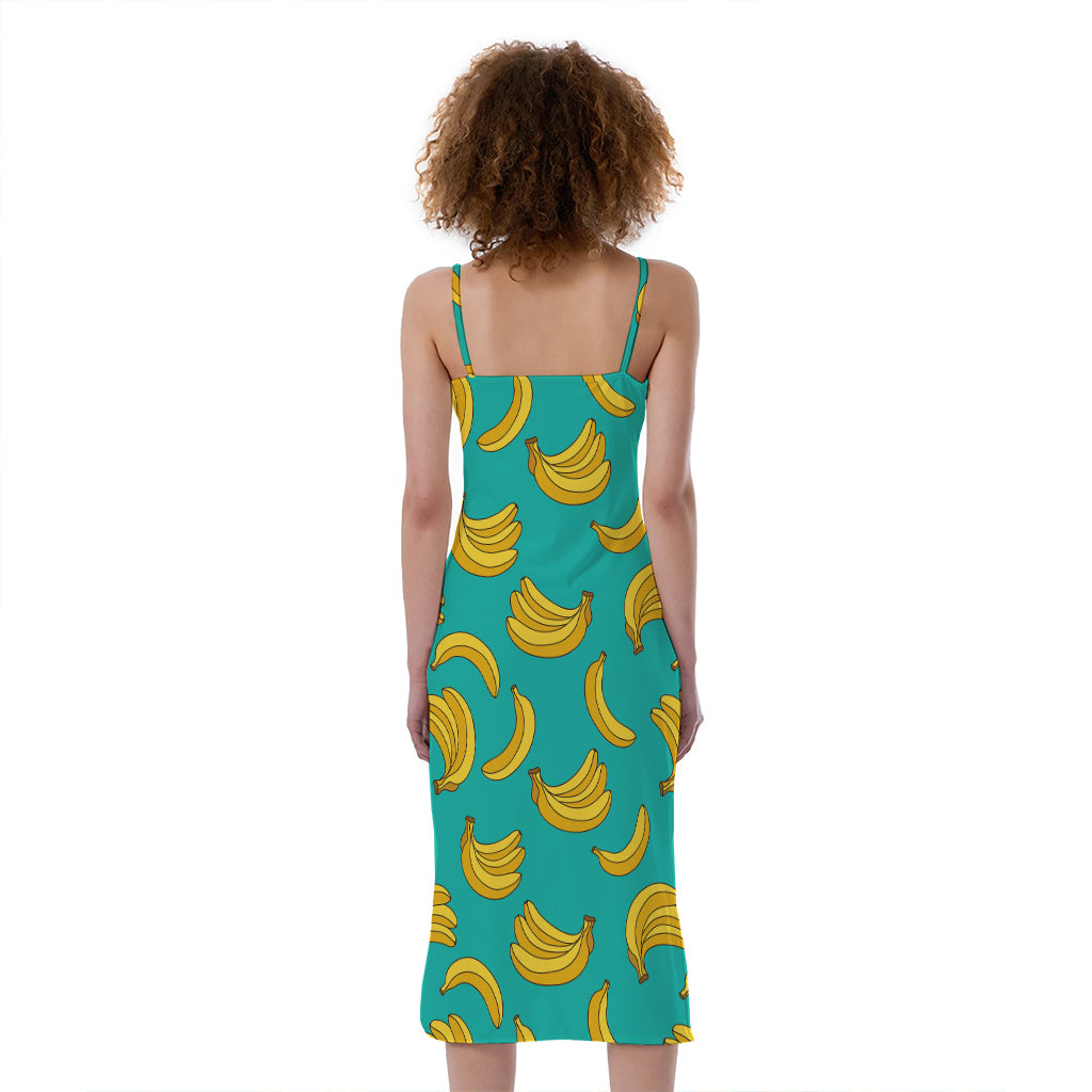 Teal Banana Pattern Print Slim Fit Midi Cami Dress