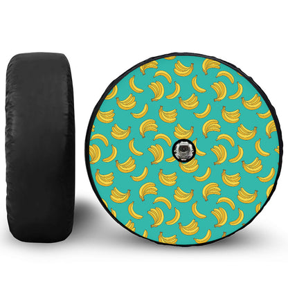 Teal Banana Pattern Print Tire Cover With Camera Hole