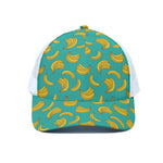 Teal Banana Pattern Print White Mesh Trucker Cap