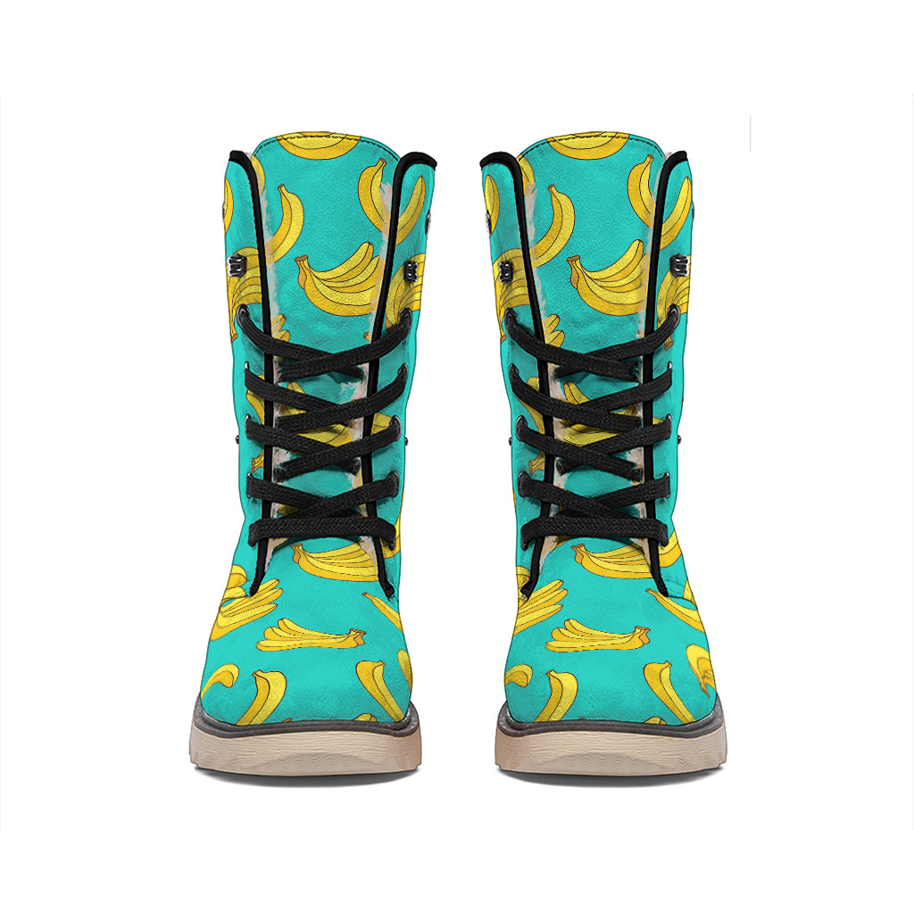 Teal Banana Pattern Print Winter Boots