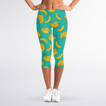 Teal Banana Pattern Print Women's Capri Leggings