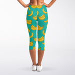 Teal Banana Pattern Print Women's Capri Leggings