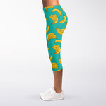 Teal Banana Pattern Print Women's Capri Leggings