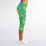 Teal Banana Pattern Print Women's Capri Leggings