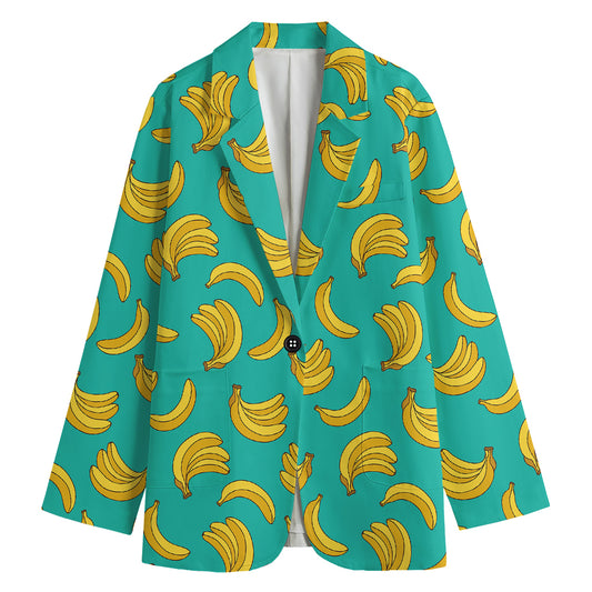 Teal Banana Pattern Print Women's Cotton Blazer