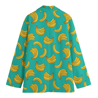 Teal Banana Pattern Print Women's Cotton Blazer