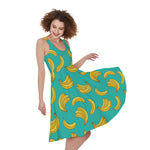Teal Banana Pattern Print Women's Sleeveless Dress