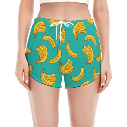 Teal Banana Pattern Print Women's Split Running Shorts