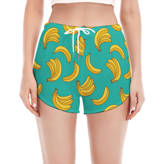Teal Banana Pattern Print Women's Split Running Shorts