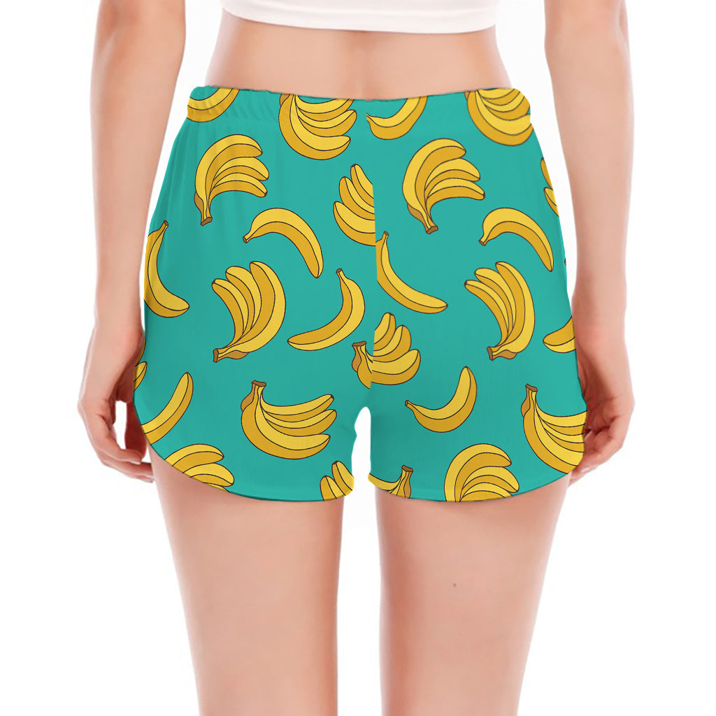 Teal Banana Pattern Print Women's Split Running Shorts