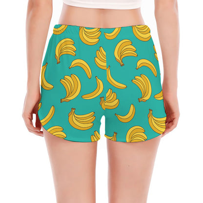 Teal Banana Pattern Print Women's Split Running Shorts
