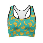 Teal Banana Pattern Print Women's Sports Bra