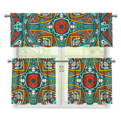 Teal Bohemian Mandala Pattern Print 3 Piece Kitchen Curtains