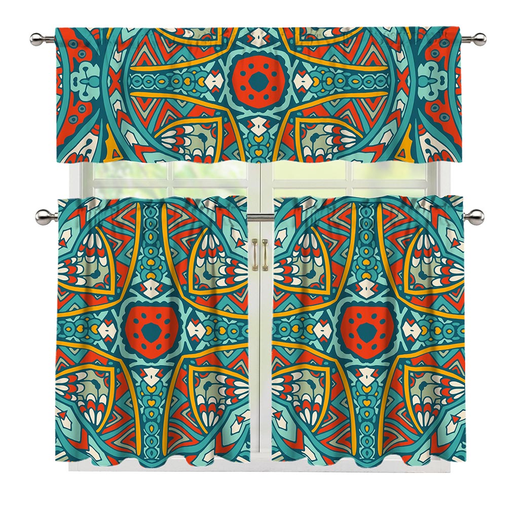 Teal Bohemian Mandala Pattern Print 3 Piece Kitchen Curtains