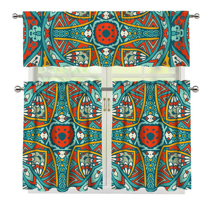Teal Bohemian Mandala Pattern Print 3 Piece Kitchen Curtains