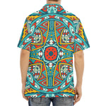 Teal Bohemian Mandala Pattern Print Aloha Shirt