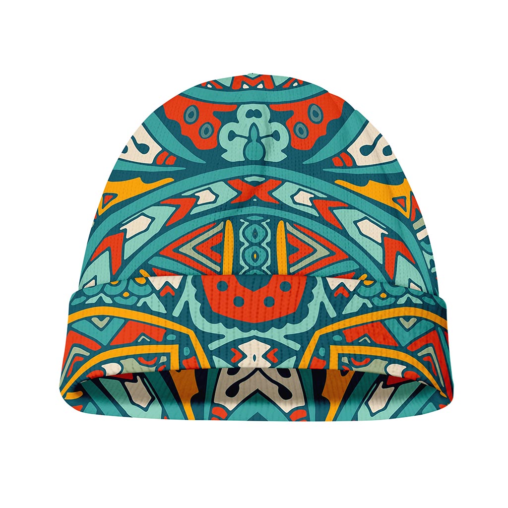 Teal Bohemian Mandala Pattern Print Beanie