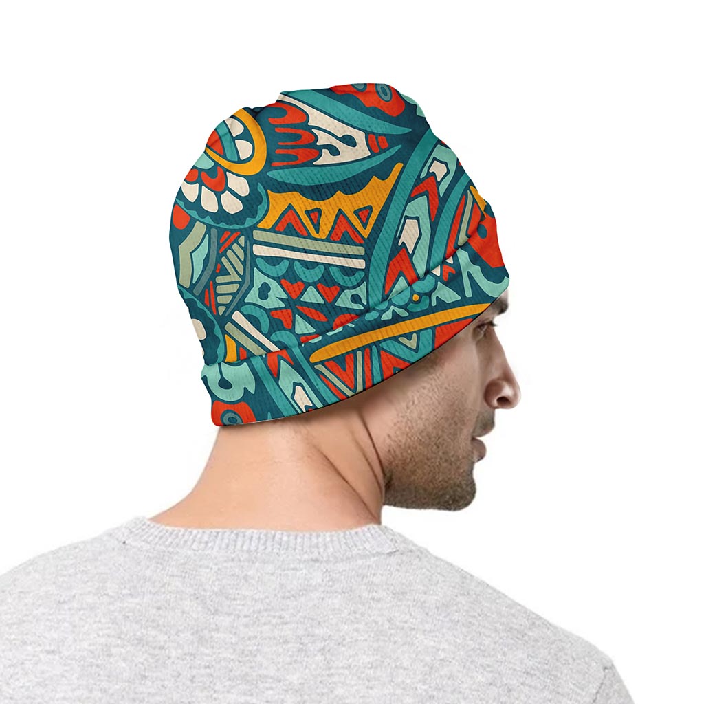 Teal Bohemian Mandala Pattern Print Beanie