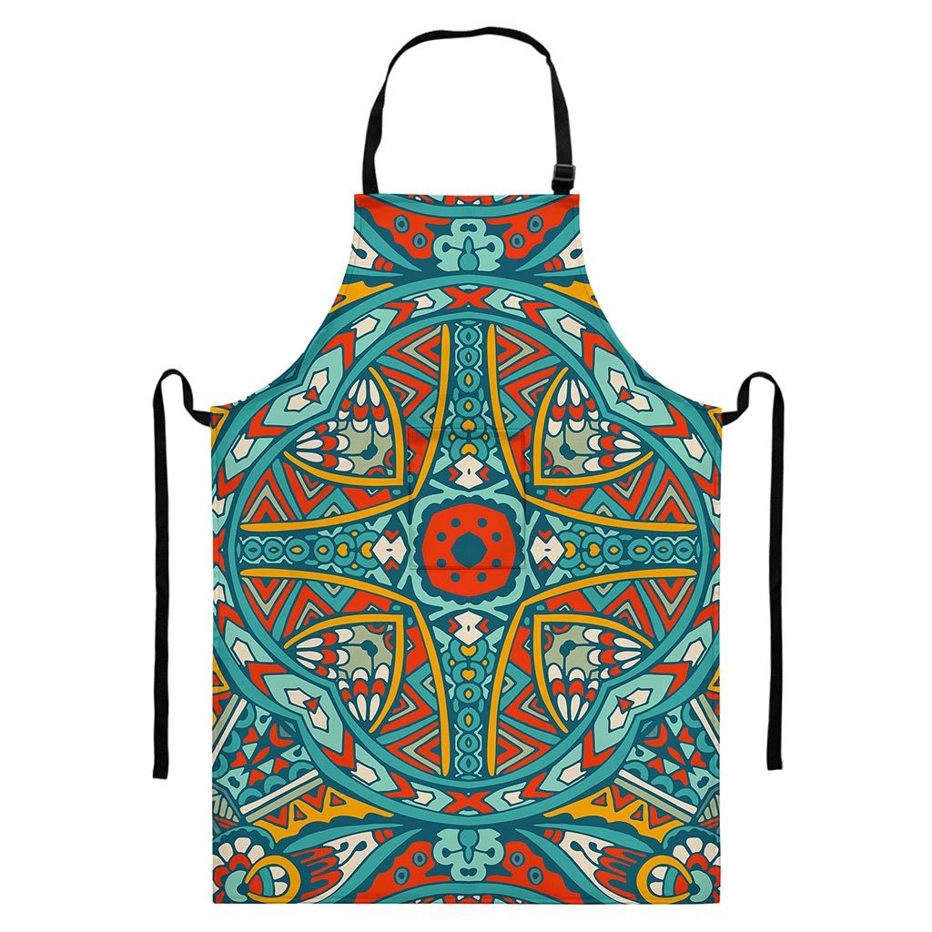 Teal Bohemian Mandala Pattern Print Bib Apron With Pocket