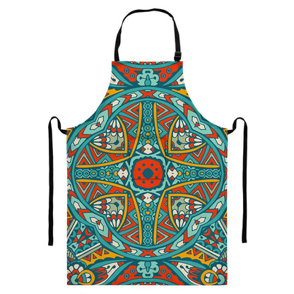 Teal Bohemian Mandala Pattern Print Bib Apron With Pocket