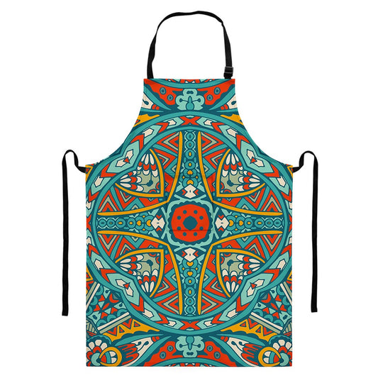 Teal Bohemian Mandala Pattern Print Bib Apron With Pocket