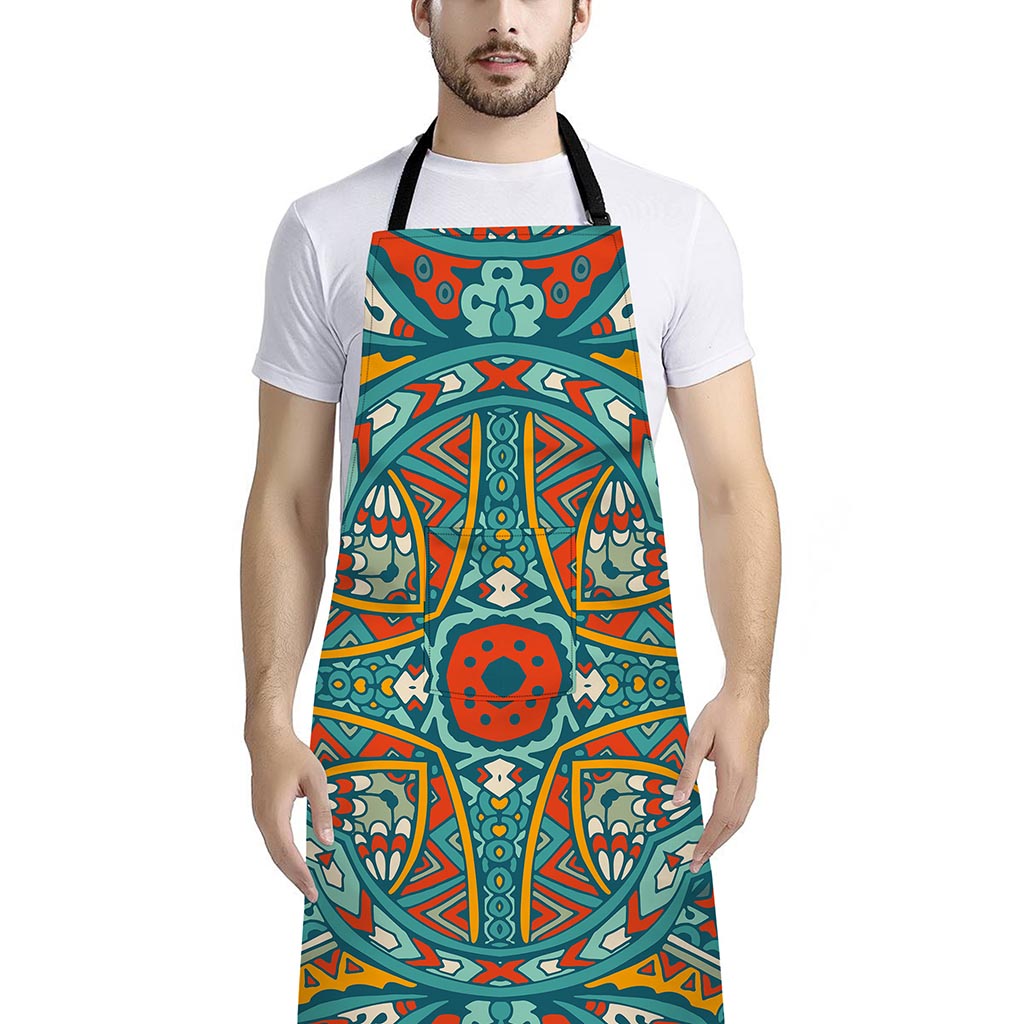 Teal Bohemian Mandala Pattern Print Bib Apron With Pocket