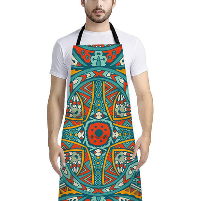 Teal Bohemian Mandala Pattern Print Bib Apron With Pocket