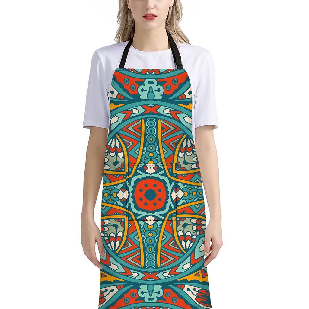 Teal Bohemian Mandala Pattern Print Bib Apron With Pocket
