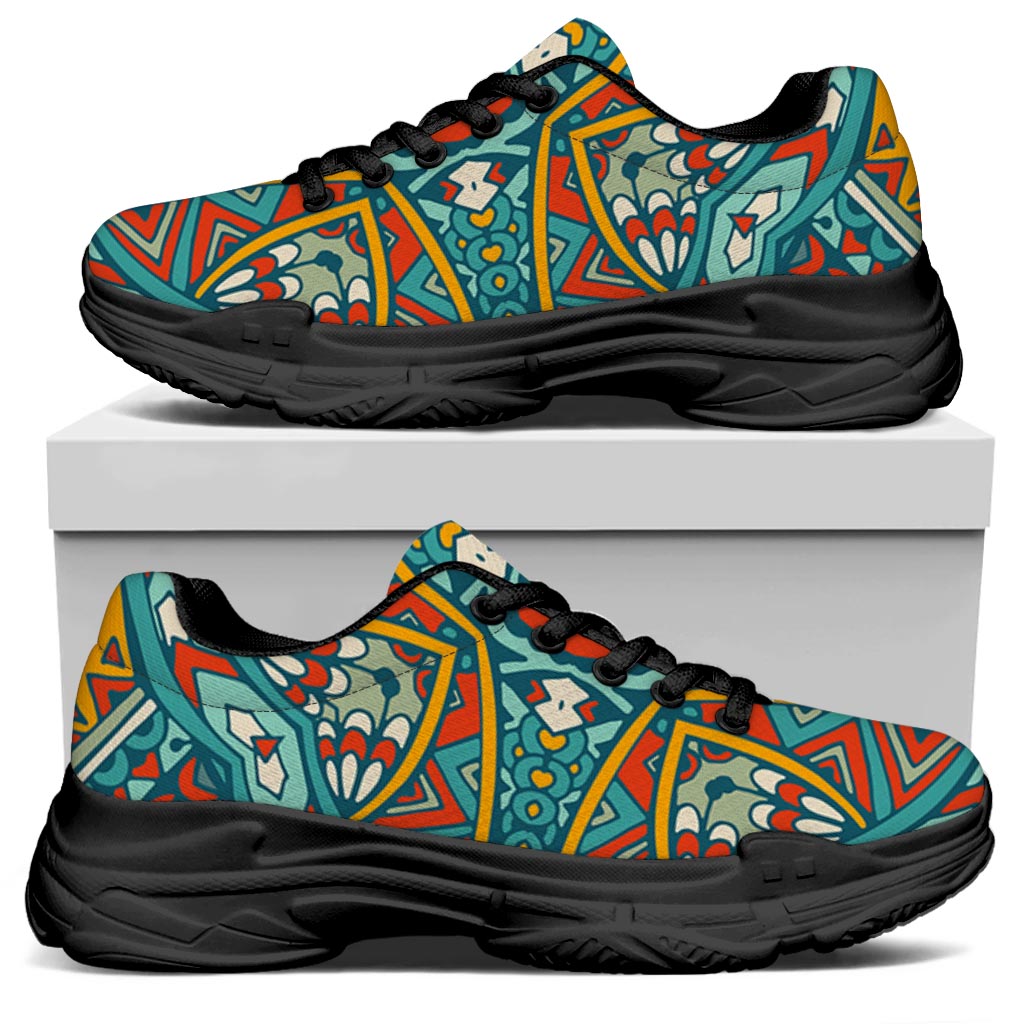 Teal Bohemian Mandala Pattern Print Black Chunky Shoes
