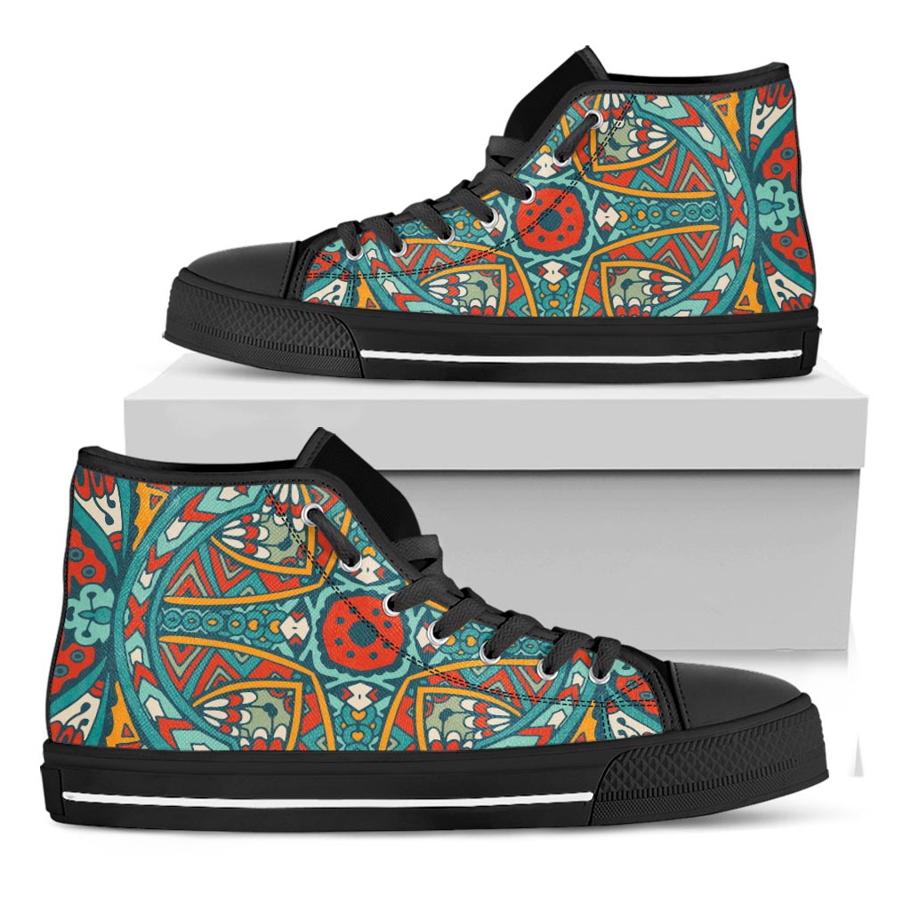 Teal Bohemian Mandala Pattern Print Black High Top Sneakers