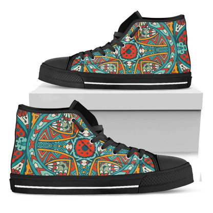Teal Bohemian Mandala Pattern Print Black High Top Sneakers