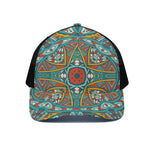 Teal Bohemian Mandala Pattern Print Black Mesh Trucker Cap