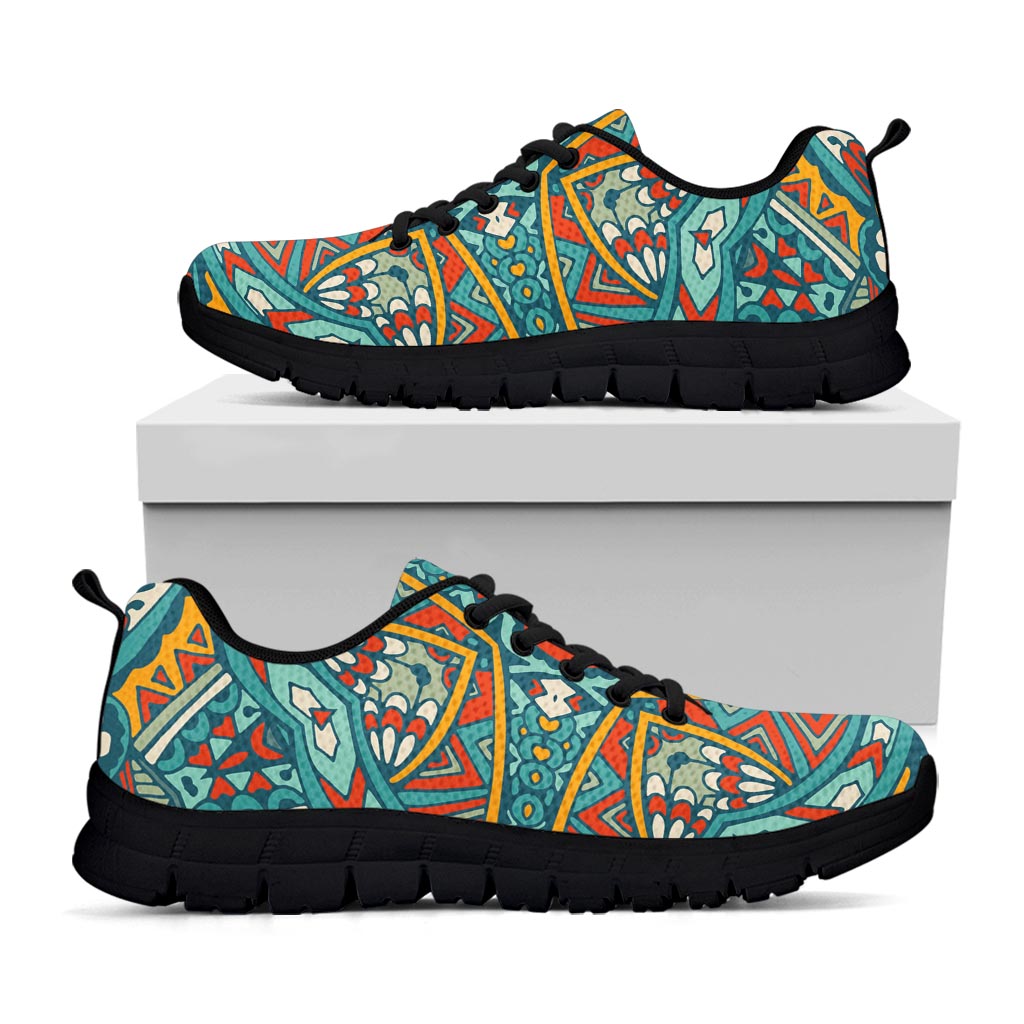 Teal Bohemian Mandala Pattern Print Black Running Shoes