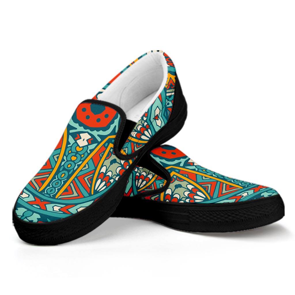 Teal Bohemian Mandala Pattern Print Black Slip On Sneakers