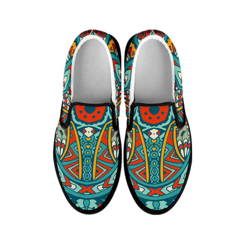 Teal Bohemian Mandala Pattern Print Black Slip On Sneakers
